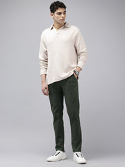 Green Slim Fit Cotton Casual Trousers with 5 Pockets