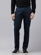 Navy Blue Slim Fit Cotton Casual Trousers with 5 Pockets