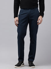 Navy Blue Slim Fit Cotton Casual Trousers with 5 Pockets