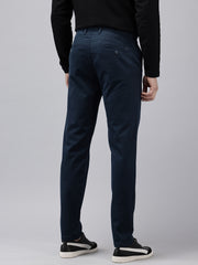 Navy Blue Slim Fit Cotton Casual Trousers with 5 Pockets