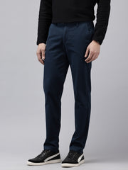 Navy Blue Slim Fit Cotton Casual Trousers with 5 Pockets