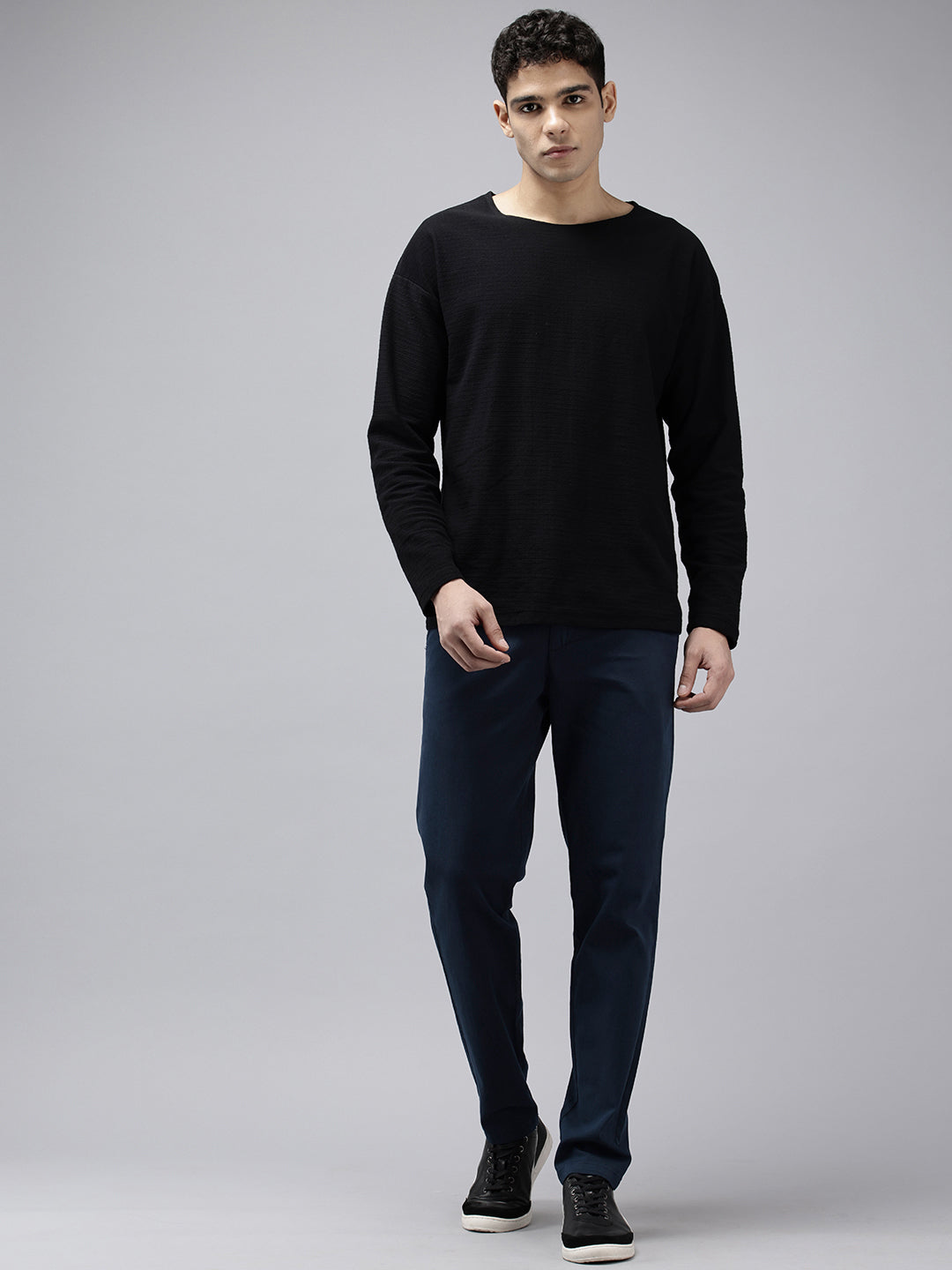 GENIPS Mens Navy Blue Solid Cotton Slim Fit Casual Pockets