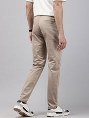 Men Camel Cotton Stretchable Caribbean Fit Mid-Rise Solid Casual Trousers