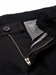 Men Black Cotton Stretchable Caribbean Fit Mid-Rise Solid Casual Trousers
