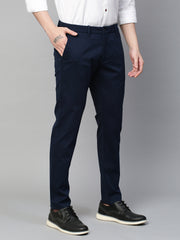 Genips Men's Navy Cotton Stretch Caribbean Slim Fit Solid Trousers
