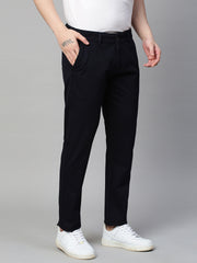 Genips Men's Navy Cotton Stretch Caribbean Slim Fit Solid Trousers