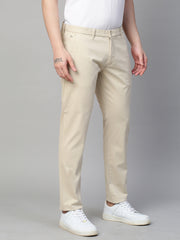Genips Men's Cream Cotton Stretch Caribbean Slim Fit Solid Trousers