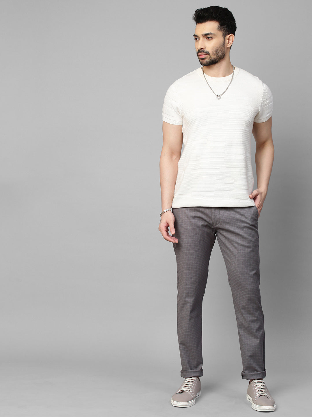 Genips Men's Grey Cotton Stretch Caribbean Slim Fit Self Design Trouse
