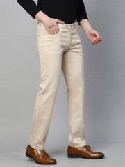 Genips Men's Cream Cotton Stretch Rico Slim Fit Solid 5 Pocket Trouser