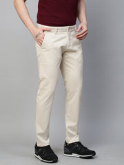 Genips Men's Light Cream  Cotton Stretch Caribbean Slim Fit Solid Trousers
