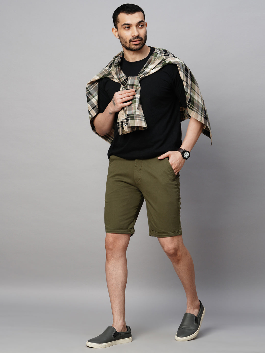 Genips Men's Green Cotton Lycra Slim Fit Shorts