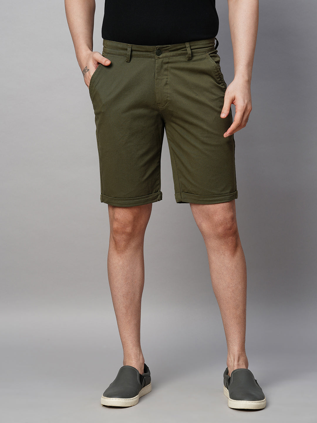 Green Cotton Lycra Slim Fit Shorts