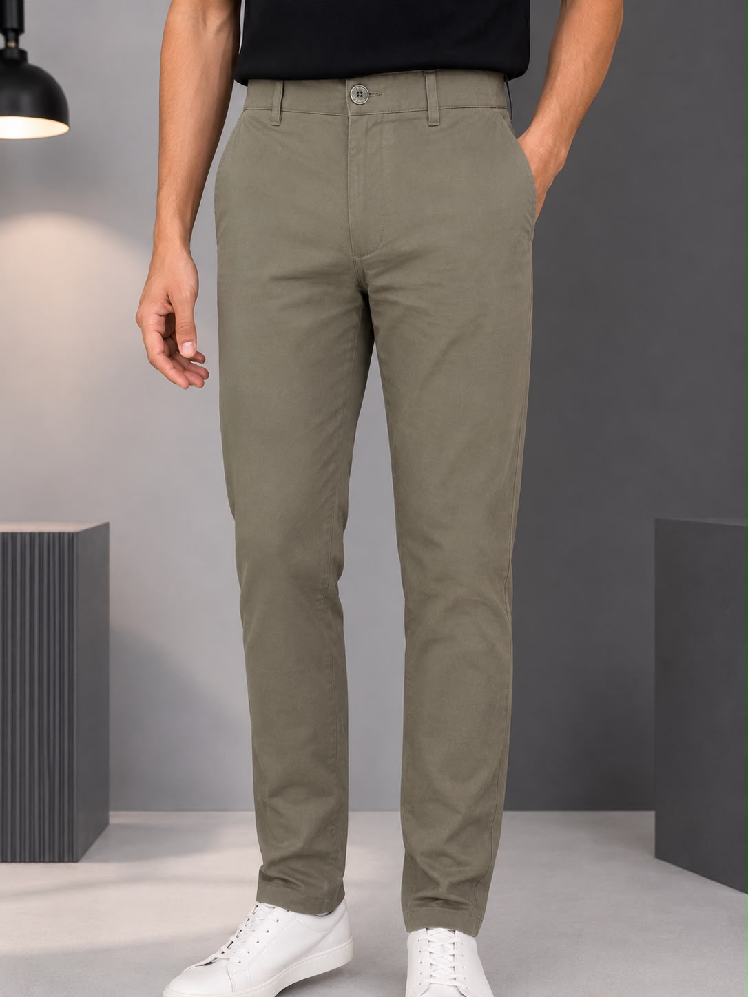 GENIPS Men's Elasticated Relaxed Fit Cotton Trousers - Mid-Rise 4 Pocket Travel Pants