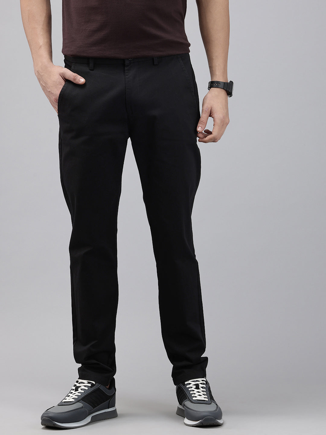 Men Black Cotton Stretchable Caribbean Fit Mid-Rise Solid Casual Trousers