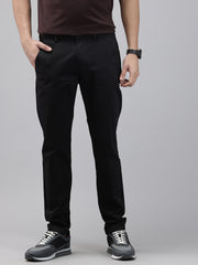 Men Black Cotton Stretchable Caribbean Fit Mid-Rise Solid Casual Trousers