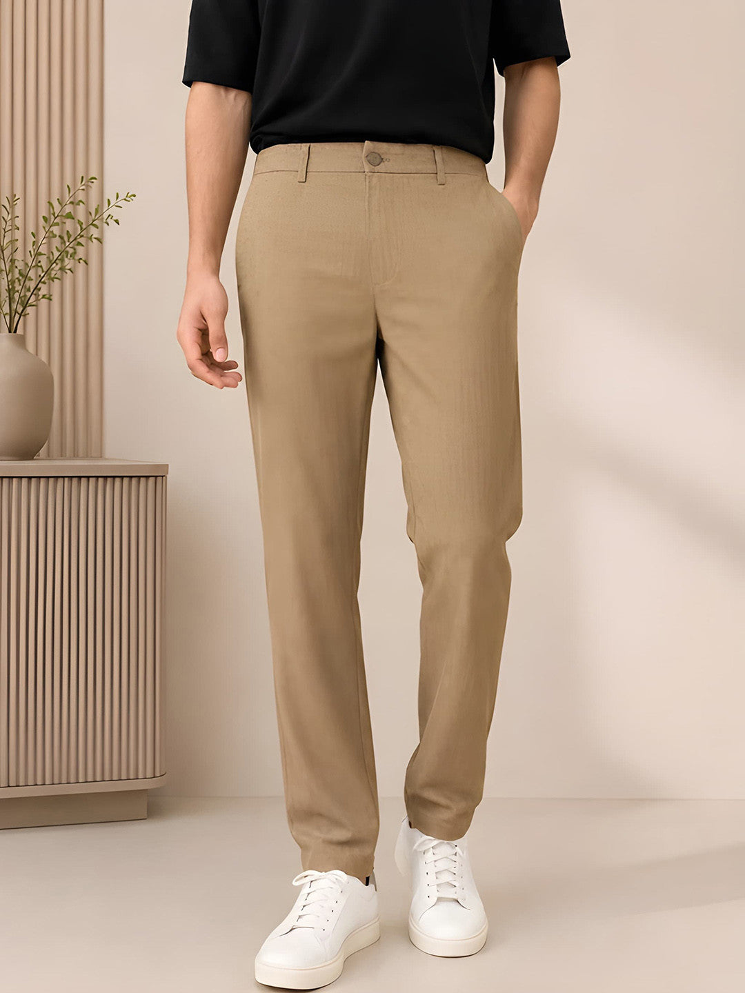 GENIPS Men's Relaxed Fit Cotton Trousers - Mid-Rise 4 Pocket Casual Pants