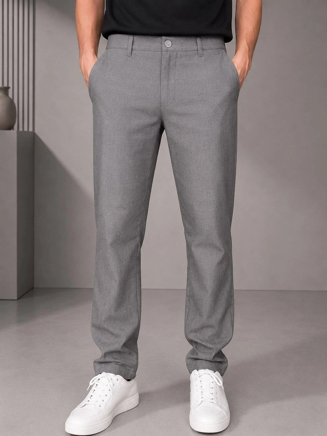 GENIPS Men's Relaxed Fit Cotton Trousers - Mid-Rise 4 Pocket Casual Pants