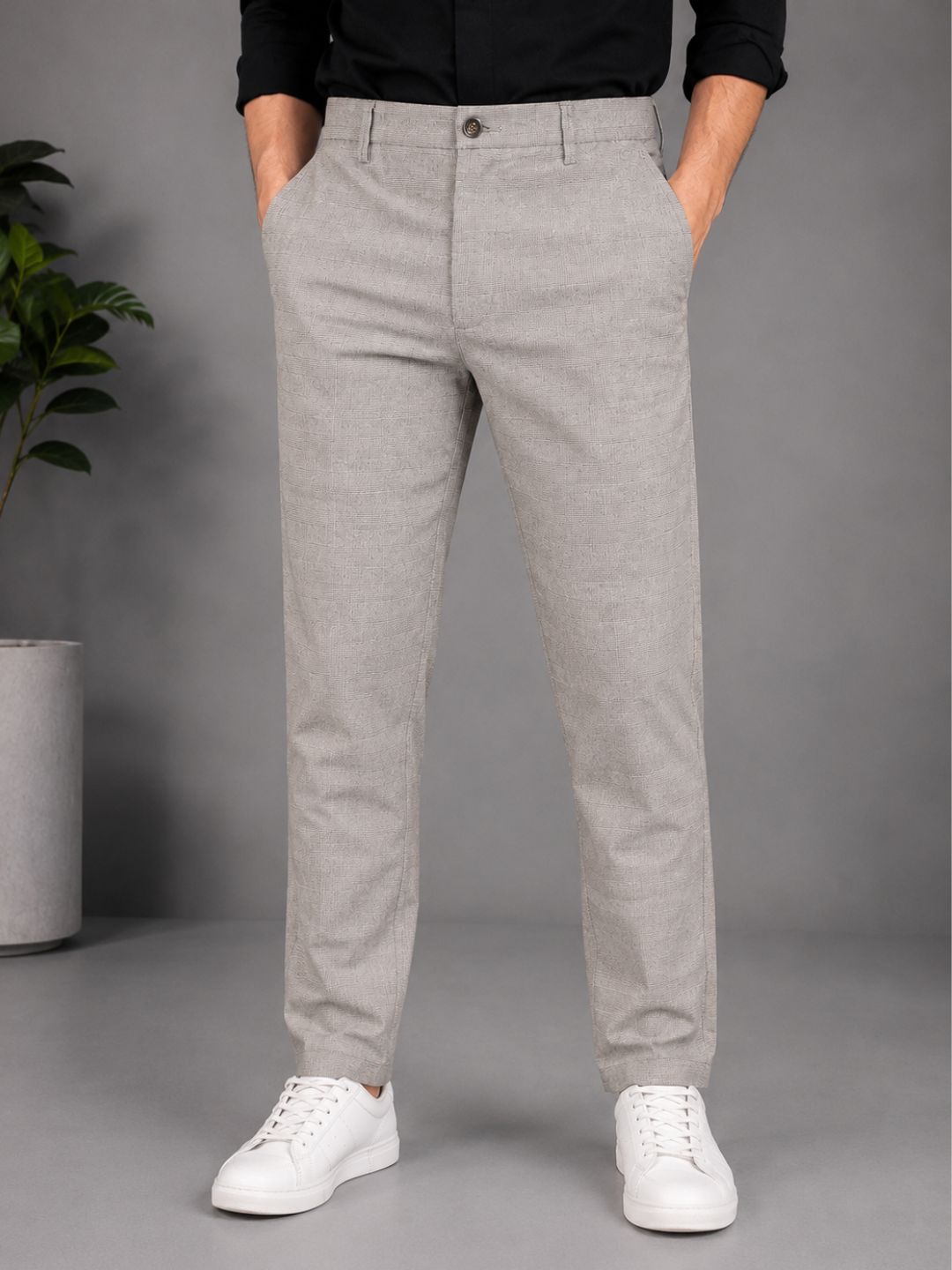 GENIPS Men's Checked Relaxed Fit Cotton Trousers - Mid-Rise 4 Pocket Pants
