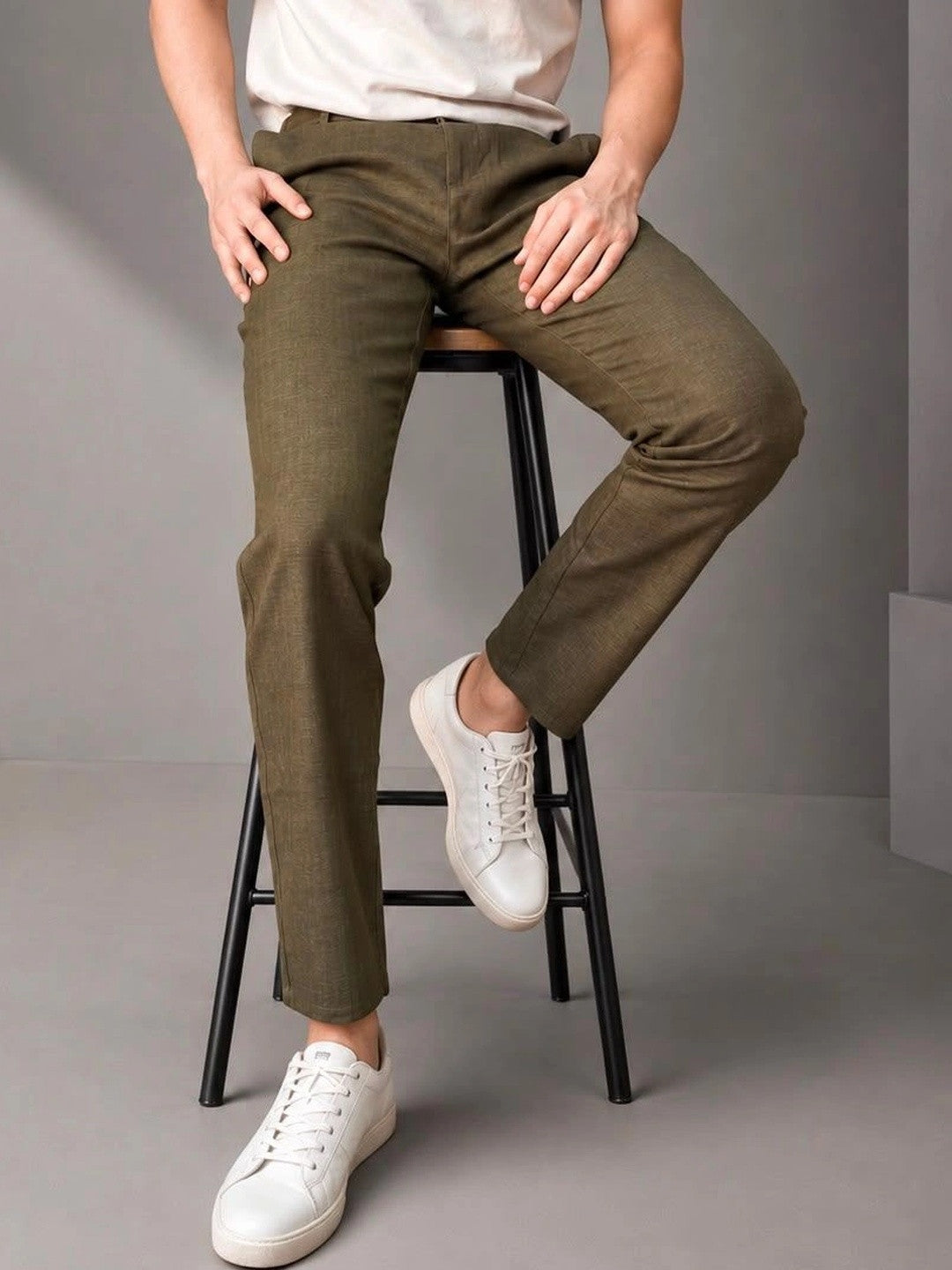 GENIPS Men's Relaxed Fit Cotton Trousers - Mid-Rise 4 Pocket Casual Pants