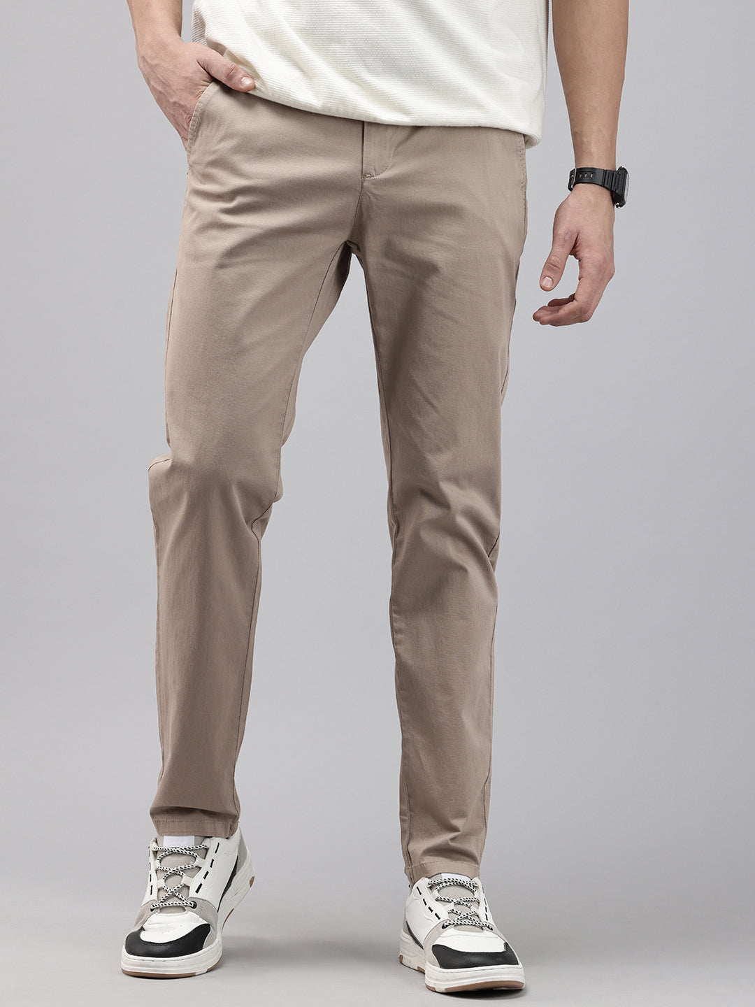 Men Camel Cotton Stretchable Caribbean Fit Mid-Rise Solid Casual Trousers
