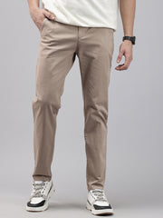Men Camel Cotton Stretchable Caribbean Fit Mid-Rise Solid Casual Trousers