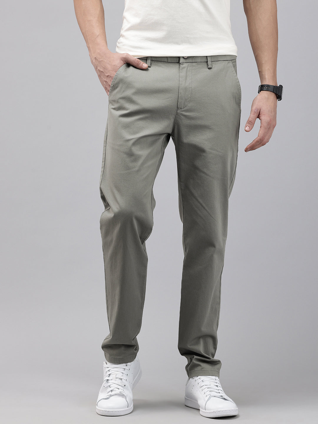 Men Grey Cotton Stretchable Caribbean Fit Mid-Rise Solid Casual Trousers