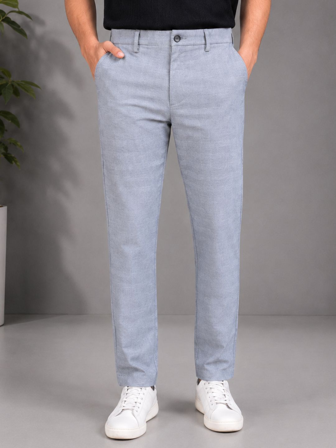 GENIPS Men's Checked Relaxed Fit Cotton Trousers - Mid-Rise 4 Pocket Pants