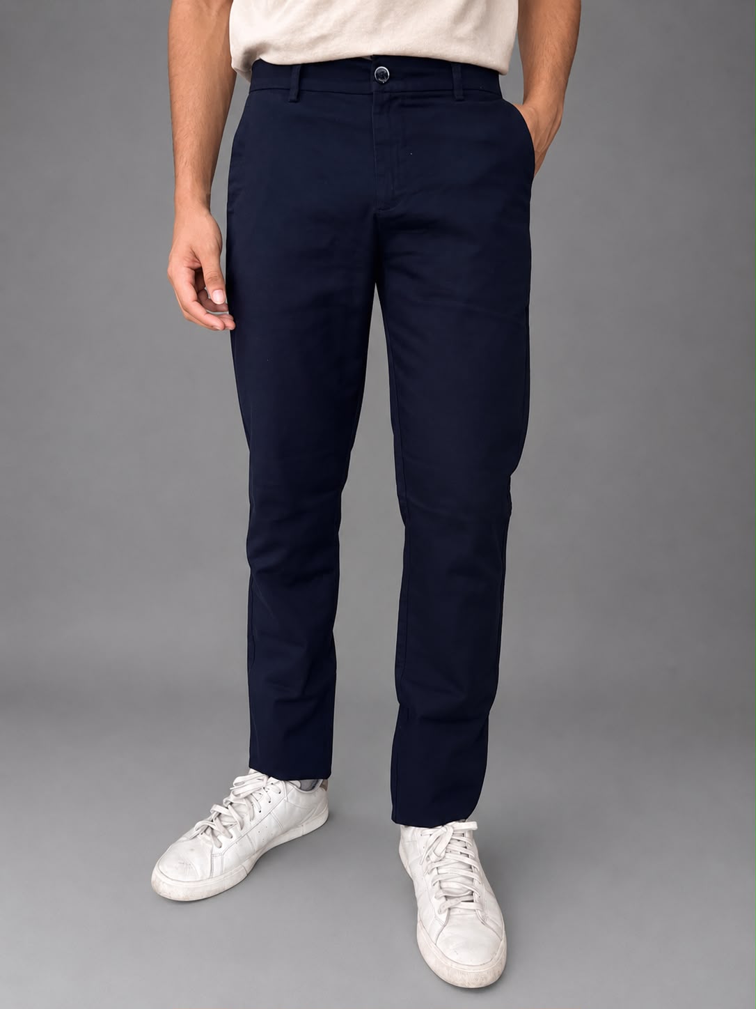 GENIPS Men's Elasticated Relaxed Fit Cotton Trousers - Mid-Rise 4 Pocket Travel Pants