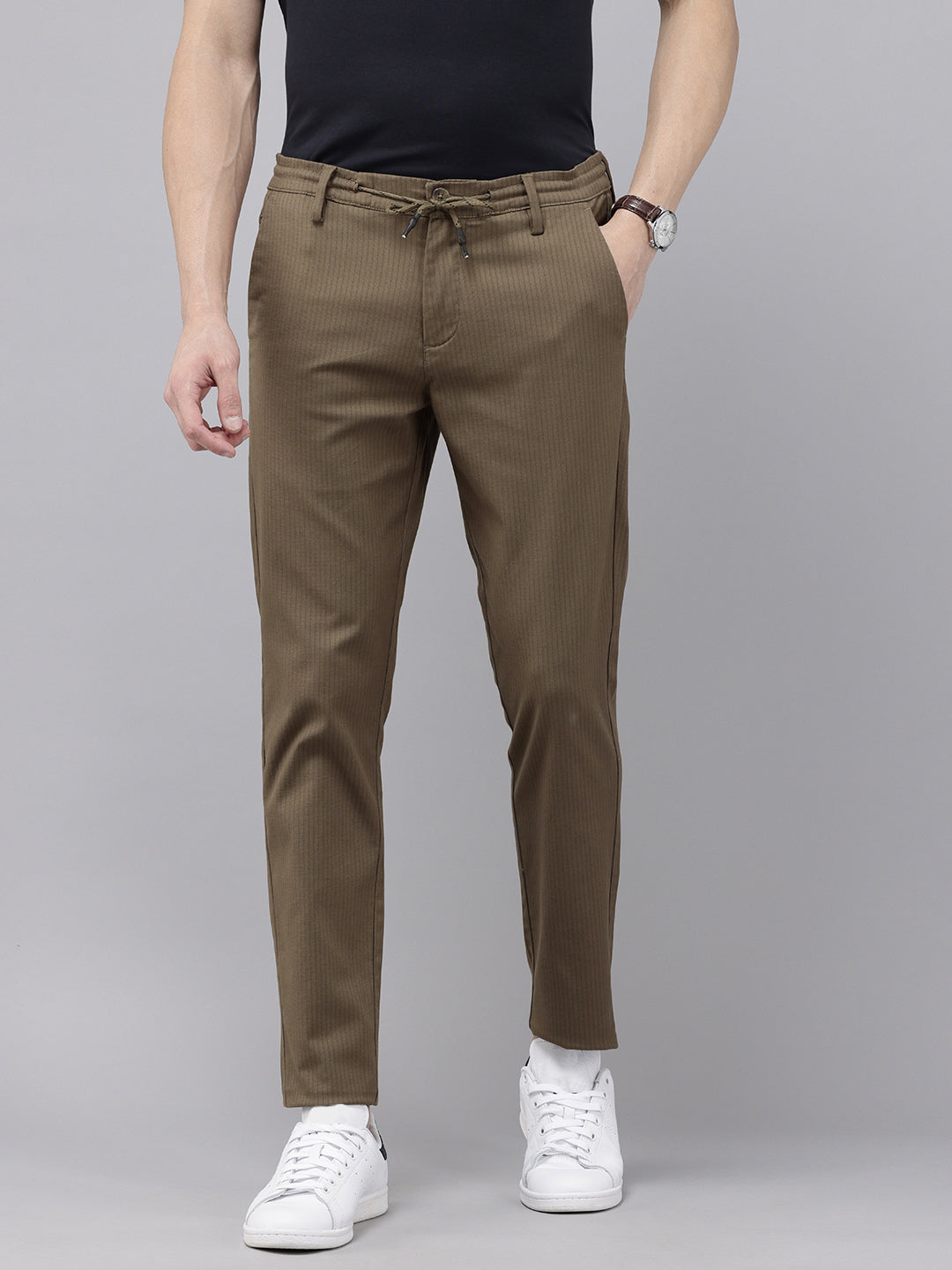 Khaki Cotton Slim Fit Striped Trouser - 4 Pocket Style