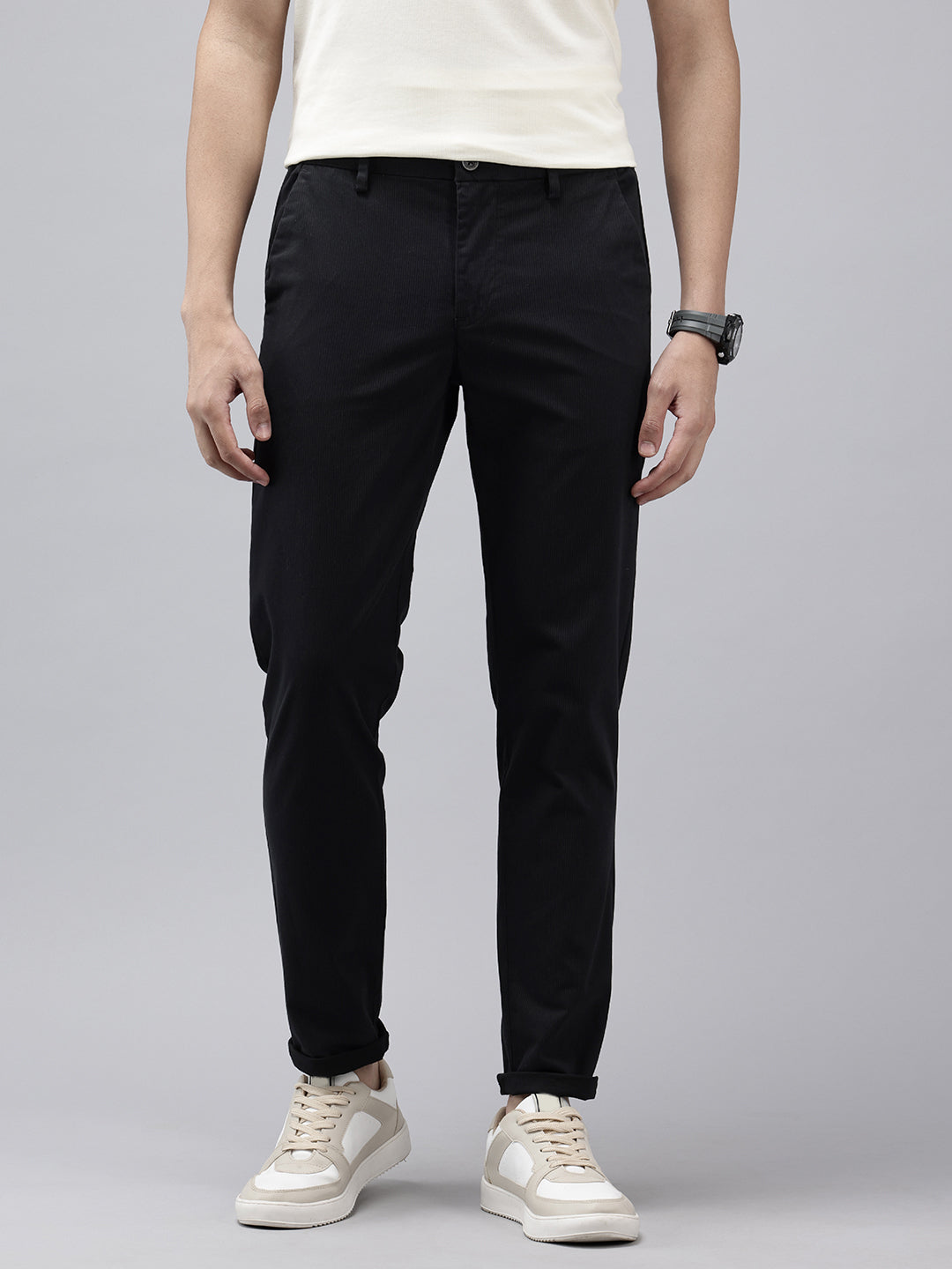 Men's Black Striped Cotton Slim Fit Casual 4 Pockets Trouser