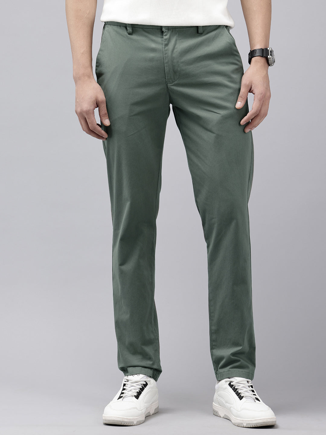 Men's Dark Grey Striped Cotton Slim Fit Casual 4 Pockets Trouser