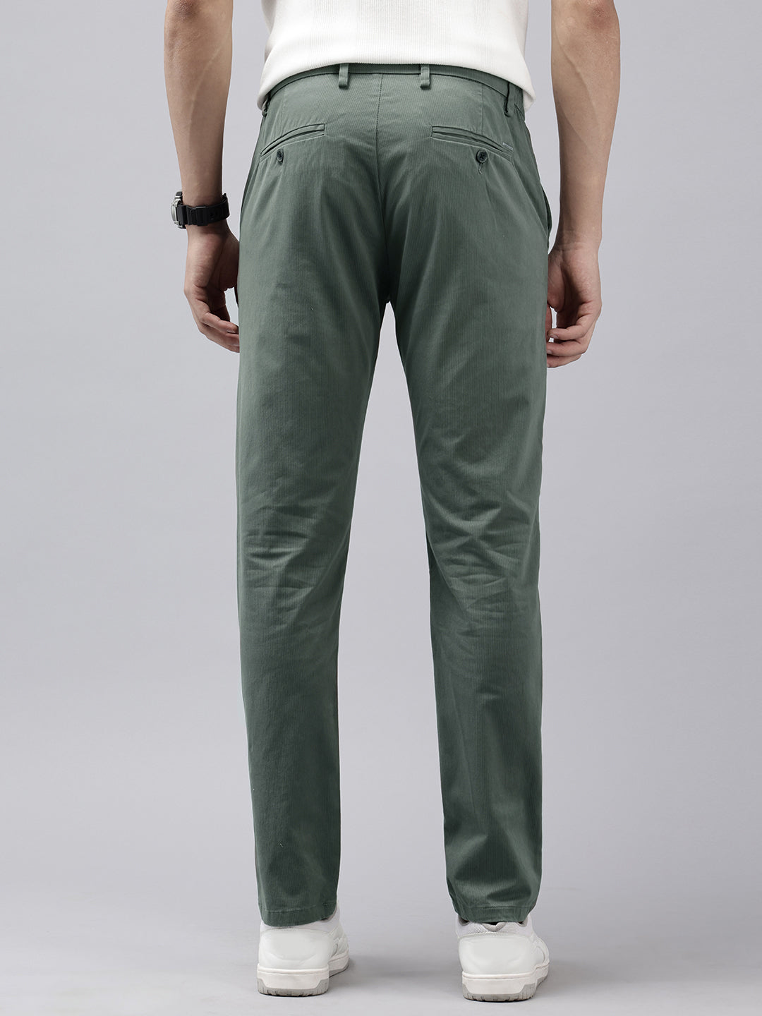 Men's Dark Grey Striped Cotton Slim Fit Casual 4 Pockets Trouser