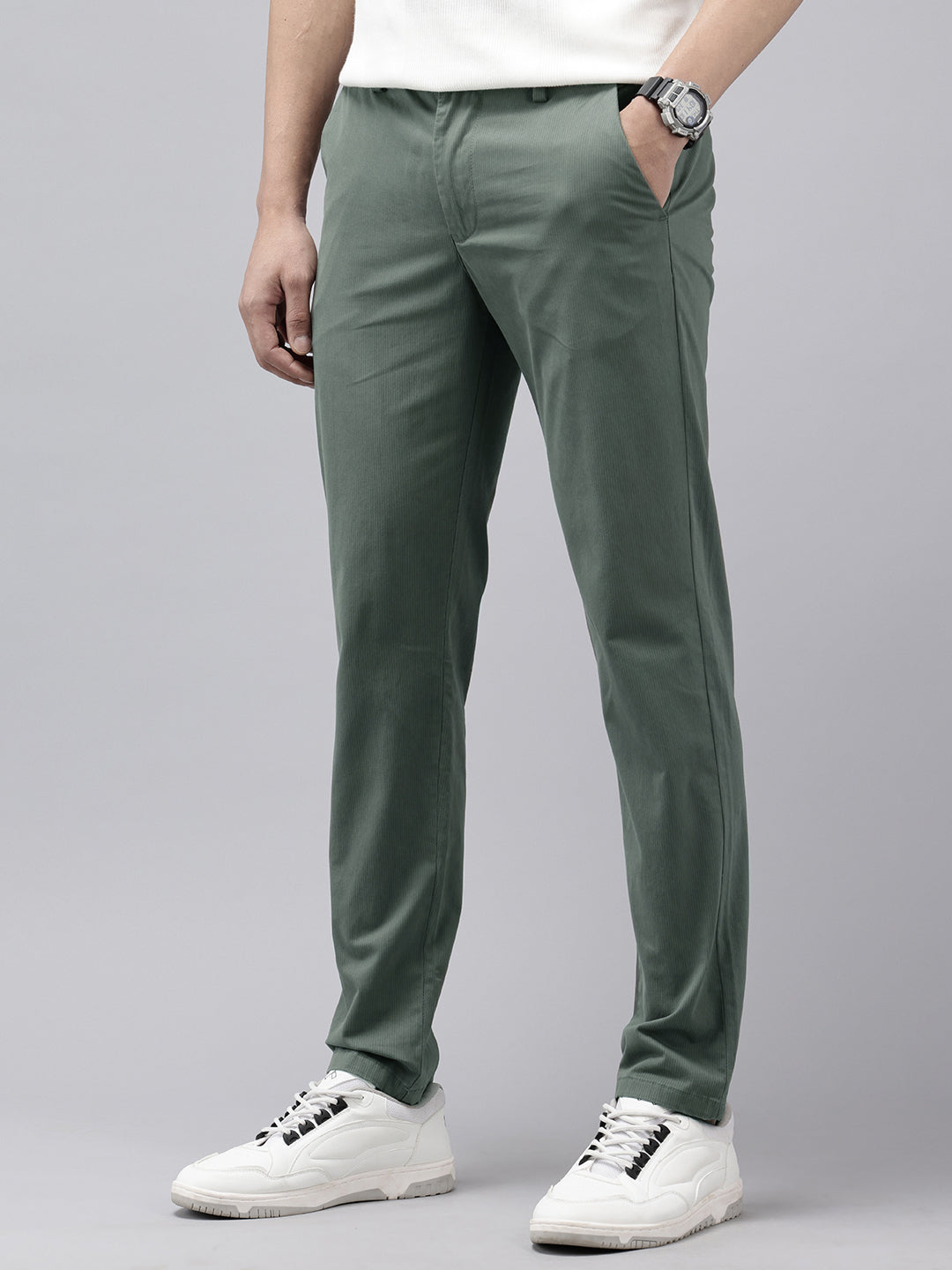 Dark Grey Cotton Slim Fit Striped Trouser - 4 Pocket Style