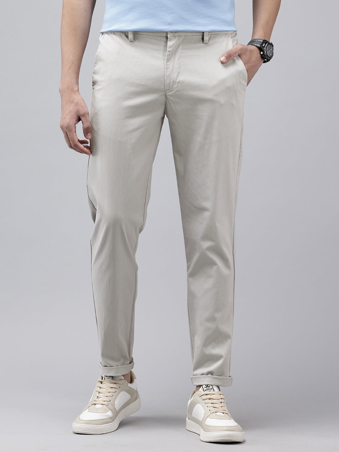 Light Grey Cotton Slim Fit Striped Trouser - 4 Pocket Style