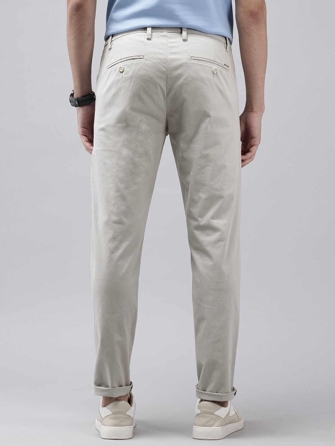 Men's Light Grey Striped Cotton Slim Fit Casual 4 Pockets Trouser