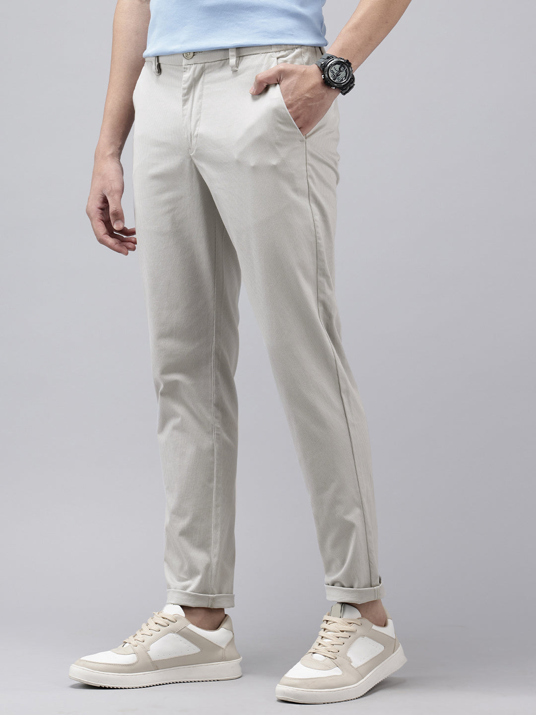 Men's Light Grey Striped Cotton Slim Fit Casual 4 Pockets Trouser