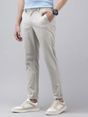 Men's Light Grey Striped Cotton Slim Fit Casual 4 Pockets Trouser