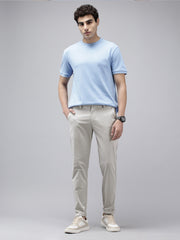 Men's Light Grey Striped Cotton Slim Fit Casual 4 Pockets Trouser