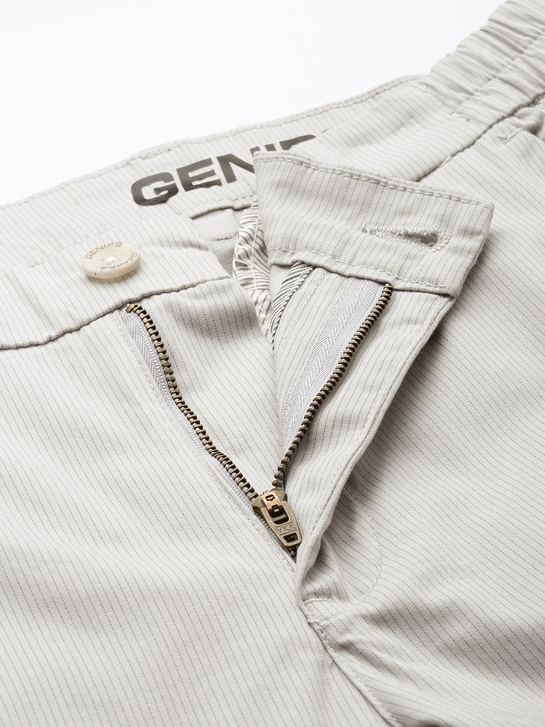 Men's Light Grey Striped Cotton Slim Fit Casual 4 Pockets Trouser