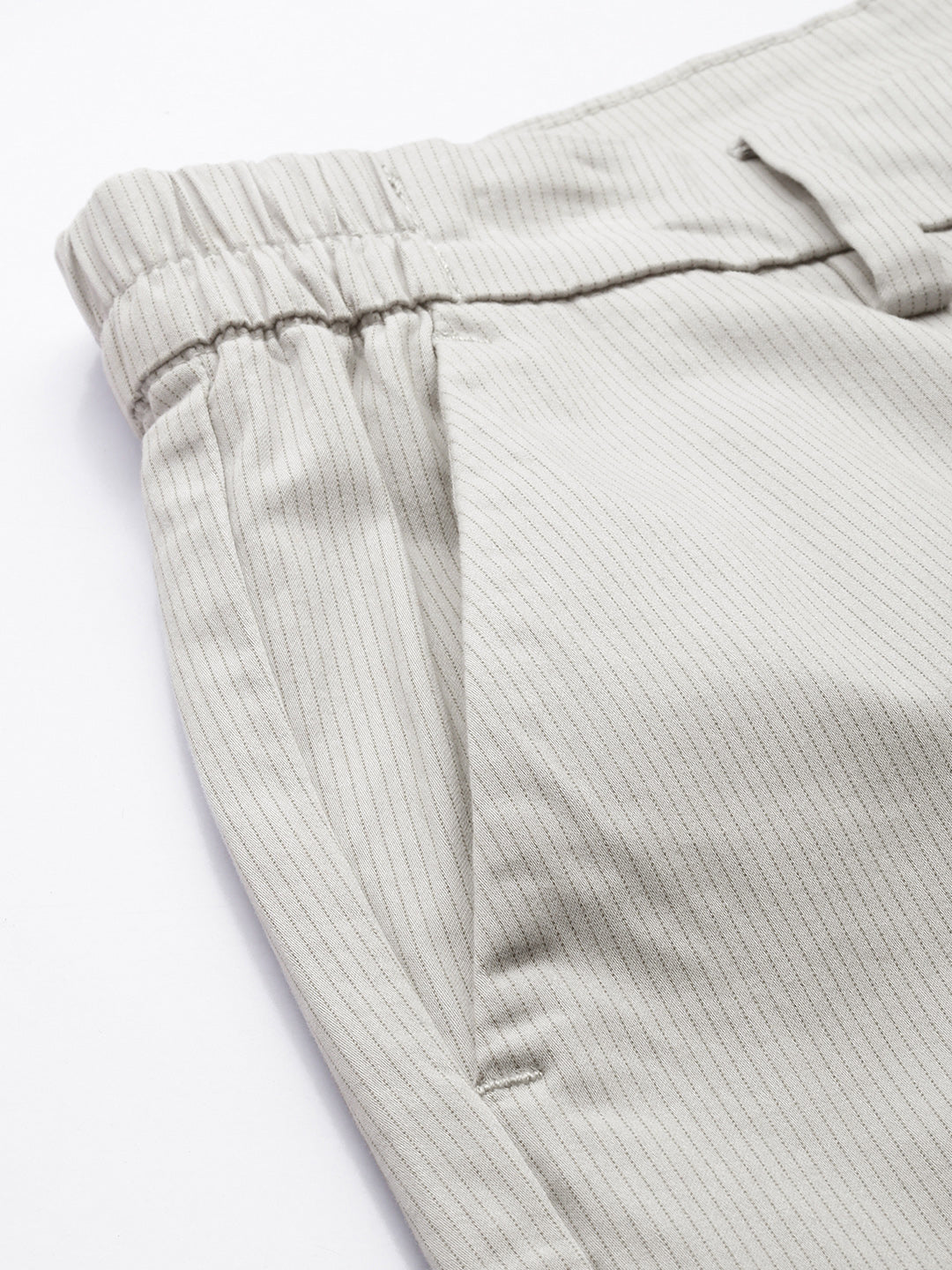 Men's Light Grey Striped Cotton Slim Fit Casual 4 Pockets Trouser