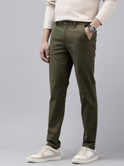 Men's Olive Striped Cotton Slim Fit Casual 4 Pockets Trouser