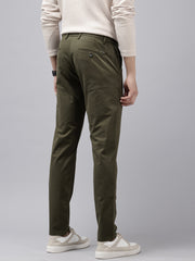 Men's Olive Striped Cotton Slim Fit Casual 4 Pockets Trouser