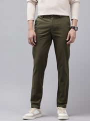 Men's Olive Striped Cotton Slim Fit Casual 4 Pockets Trouser