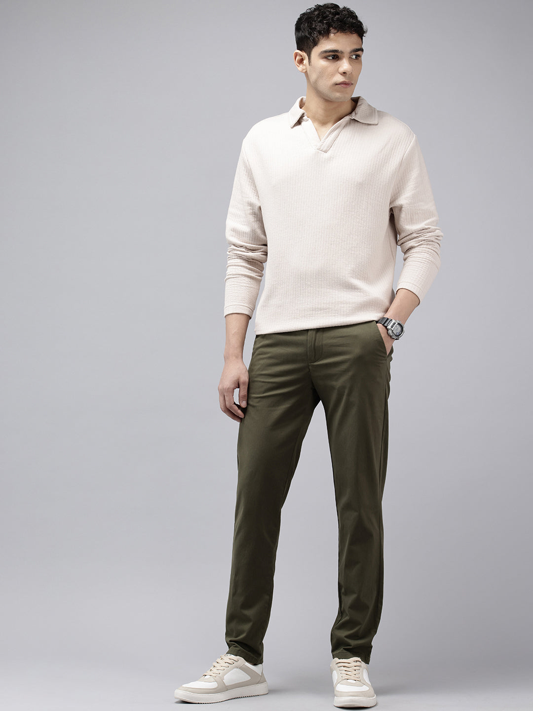 Men's Olive Striped Cotton Slim Fit Casual 4 Pockets Trouser