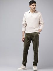 Men's Olive Striped Cotton Slim Fit Casual 4 Pockets Trouser