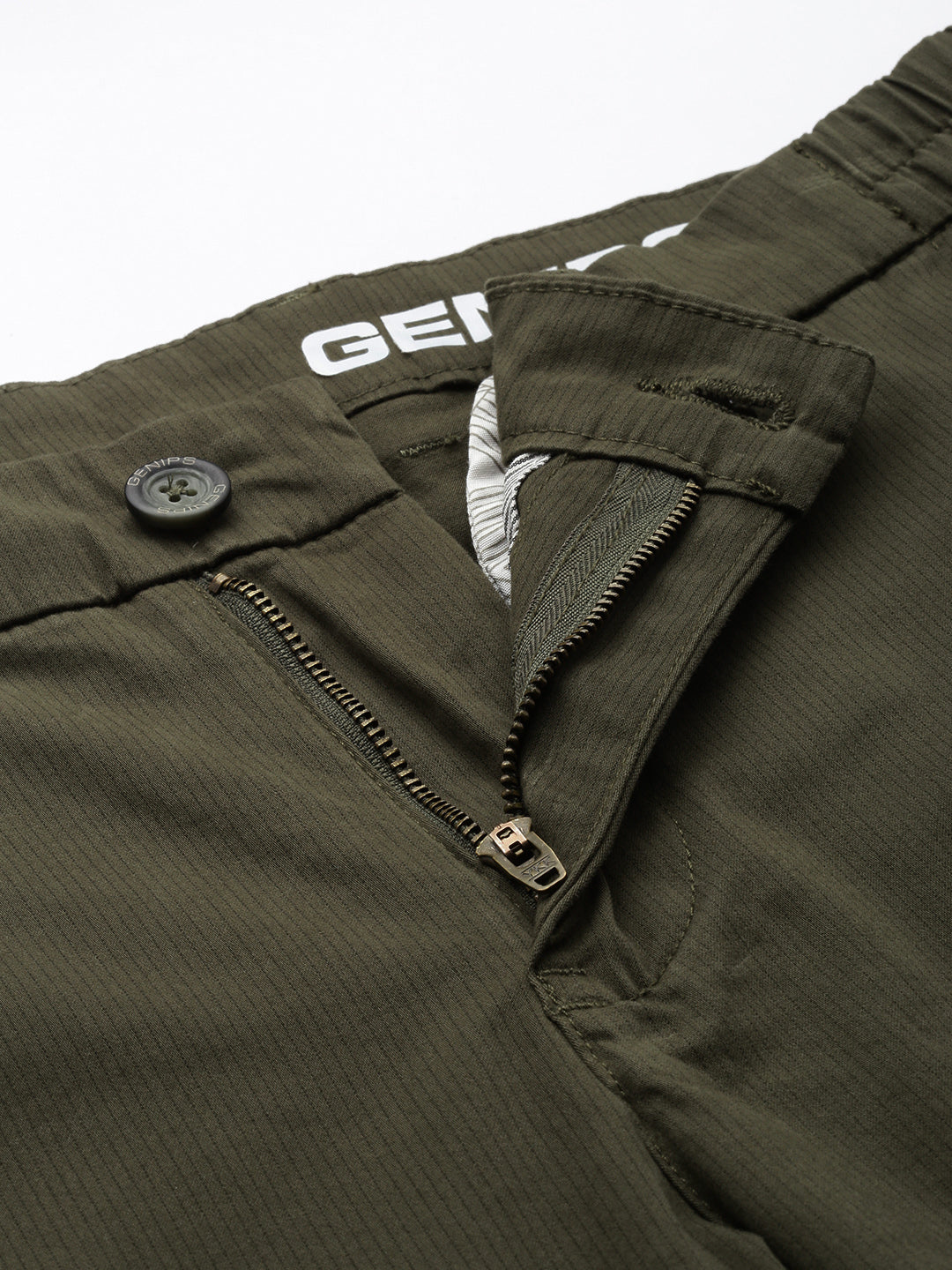 Men's Olive Striped Cotton Slim Fit Casual 4 Pockets Trouser