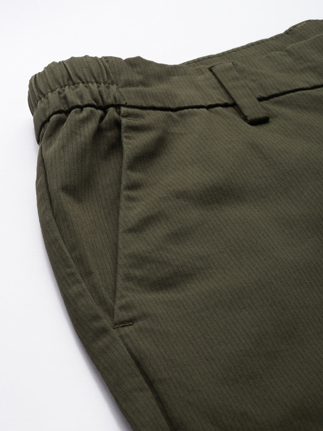 Men's Olive Striped Cotton Slim Fit Casual 4 Pockets Trouser