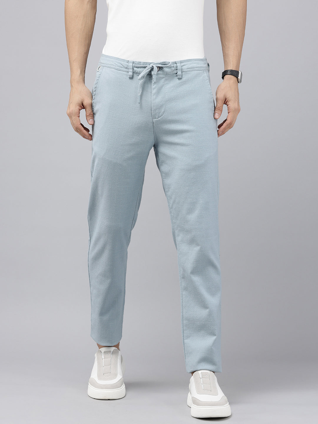 Men's Sky Blue Cotton Checked Trouser - 4 Pocket Travel Pants