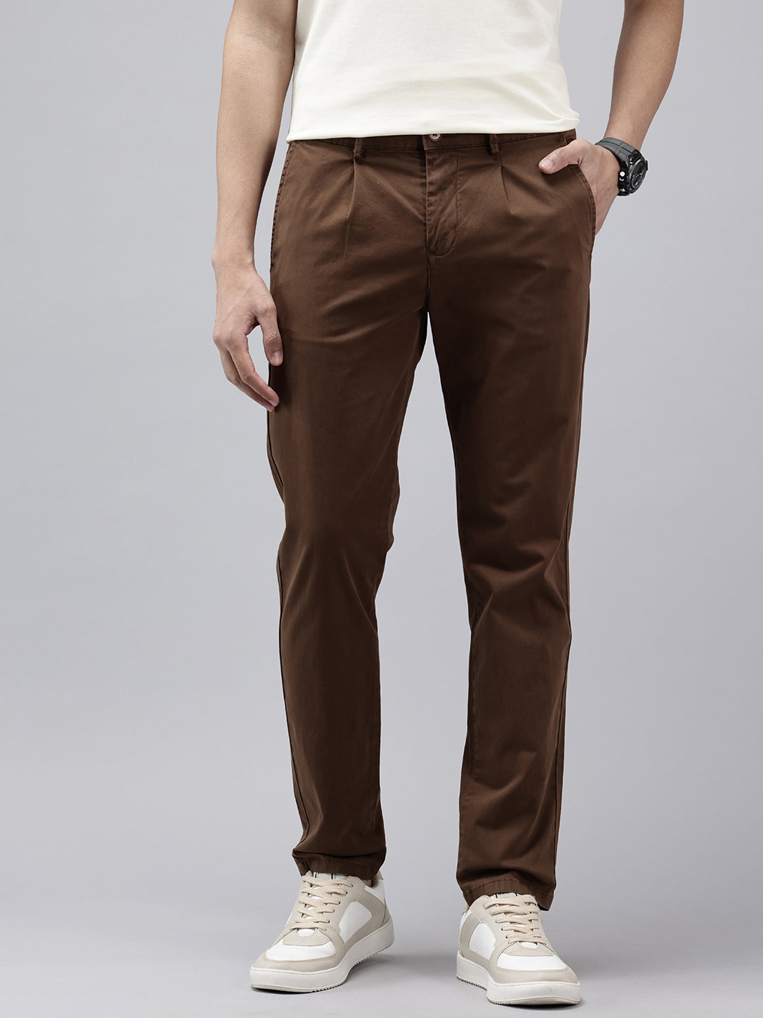 Brick Slim Fit Cotton Casual Trousers with 5 Pockets