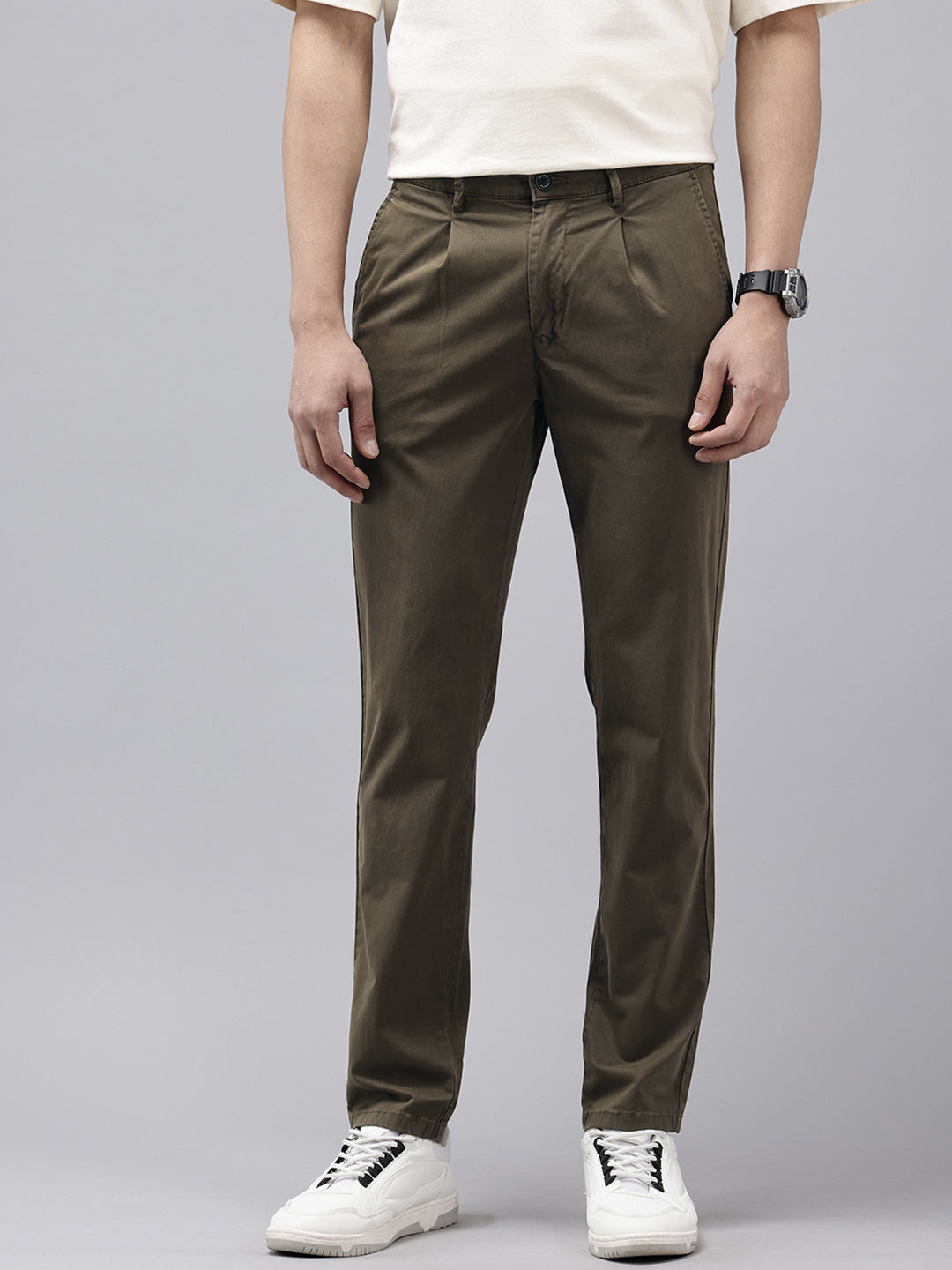 Green Slim Fit Cotton Casual Trousers with 5 Pockets